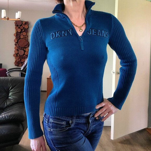DKNY Jeans | Vintage Peacock Blue ¼ Zip Logo Mock Neck Sweater | M - Picture 1 of 9